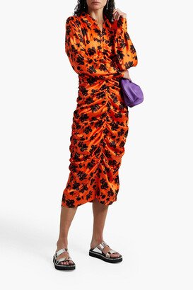 Ruched floral-print silk-blend satin midi shirt dress