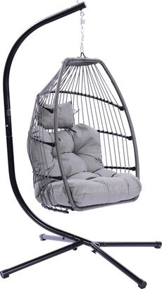 EDWINRAYLLC Outdoor Patio Wicker Folding Hanging Chair, Curved Rattan Porch Swings Metal Frame Hammocks with Cushion and Pillow