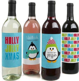 Big Dot Of Happiness Holly Jolly Penguin - Christmas Party Decor Wine Bottle Label Stickers - 4 Ct