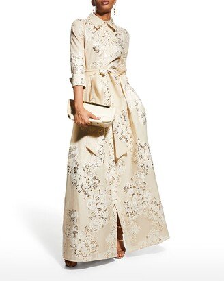 Belted Jacquard Shirtdress Gown