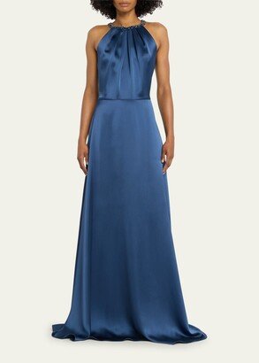 Pleated Jewel-Embellished Halter Gown