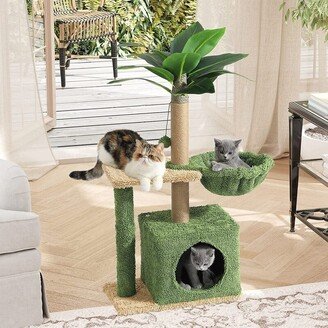 No Cat Tree with Square Condo, Artificial Palm Tree with Sisal Scratching Post