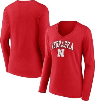 Women's Branded Scarlet Nebraska Huskers Evergreen Campus Long Sleeve V-Neck T-shirt