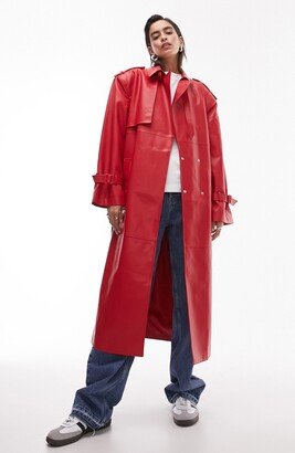 Belted Faux Leather Trench Coat-AA