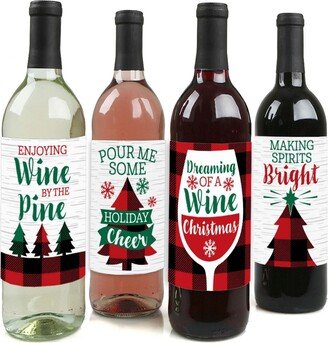 Big Dot Of Happiness Holiday Plaid Trees - Buffalo Plaid Christmas Wine Bottle Label Stickers - 4 Ct