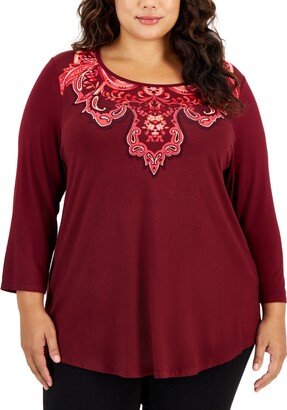 Plus Size Printed Medallion 3/4-Sleeve Top, Created for Macy's