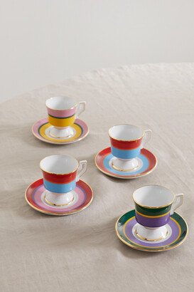 Set Of Four Gold-plated Porcelain Espresso Cups And Saucers - Pink