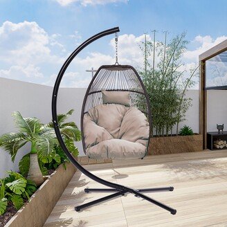 Outdoor Wicker Folding Hanging Egg Chair with Brown Cushion