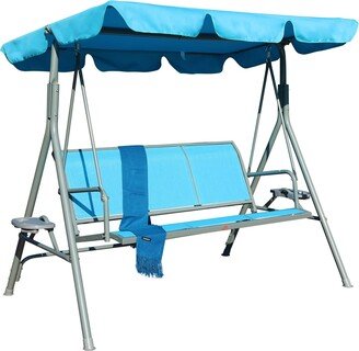 cadeninc 3-Person Metal Outdoor Patio Swing Chair with Beige / Blue Canopy and Cushion