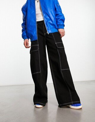 extreme wide leg jeans with contrasting stitching in black