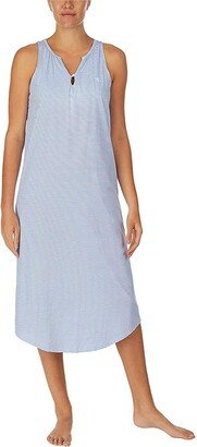 Sleeveless Split-Neck Ballet Gown with Soft Bra (Blue Stripe) Women's Pajama