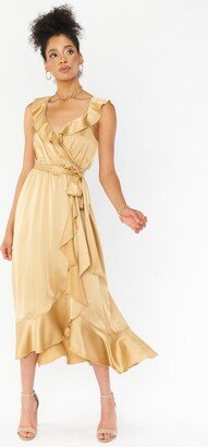 Samantha Ruffle Wrap Dress ~ True Gold Luxe Satin