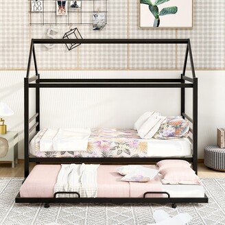 Twin Size Metal House Shape Platform Bed with Trundle