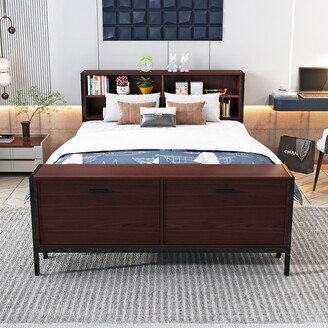 Queen Size Metal Platform Bed with Storage Cabinets