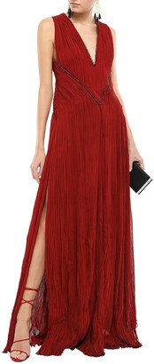 Crystal-embellished plissé silk-blend georgette gown