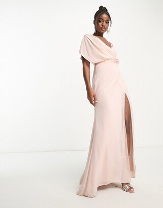 Bridesmaid short sleeved cowl front maxi dress with button back detail