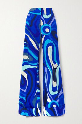 Printed Wool-blend Straight-leg Pants - Blue