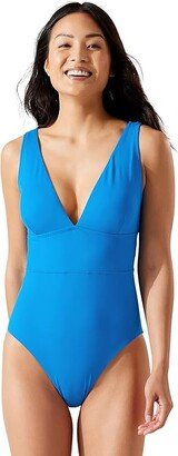 Palm Modern Over-the-Shoulder V-Neck One-Piece (Cerulean Crystal) Women's Swimsuits One Piece