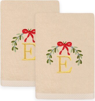 Linum Home Christmas Mistletoe Monogram Beige Embroidered Luxury Turkish Cotton Hand Towels, 2 Piece Set - E