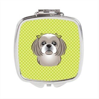 BB1312SCM Checkerboard Lime Green Gray Silver Shih Tzu Compact Mirror, 2.75 x 3 x .3 In.