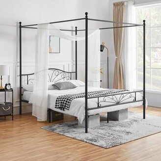 EPOWP Queen Size Canopy Bed Frame Four-Poster Canopied Metal Platform Bed with Arched Headboard and Footboard Solid Slats