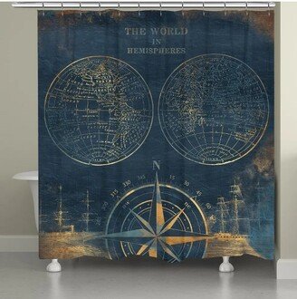 Golden Compass BLue World Map Shower Curtain