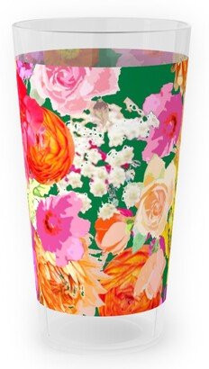 Outdoor Pint Glasses: Summer Bright Floral - Kelly Green Outdoor Pint Glass, Pink