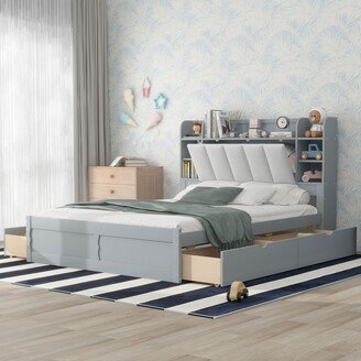 BESTCOSTY Wood Queen Size Platform Bed with Storage Headboard and 4 Drawers