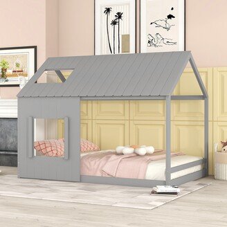 EYIW Full Size House Bed with Roof and Window