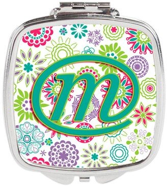 CJ2011-MSCM Letter M Flowers Pink Teal Green Initial Compact Mirror
