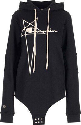 X Champion Logo Embroidered Drawstring Hooded Bodysuit-AA