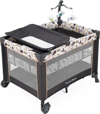 Pamo Babe Bassinet Nursery Center Play Yard Crib with Changing Table, Khaki - Brown - 25.60