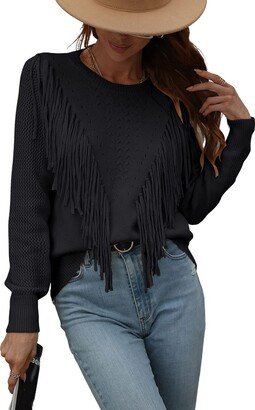 chouyatou Women's Casual Crewneck Fringe Tassel Knitted Pullover Sweater Jumper Tops (Small