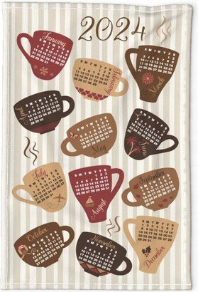 2024 Calendar Tea Towel - Coffee By Vintage Style Brown Stripes Linen Cotton Canvas Spoonflower