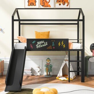 EDWINRAY Twin Metal House Loft Bed with 2-Sided Writable Wooden Board, Black