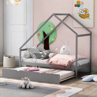 GREATPLANINC Wooden Twin Size House Bed Daybed with Twin Trundle & Roof, Modern Montessori Platform Bed Frame for Kids, No Box Spring Needed-AA