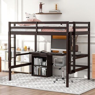 Tiramisubest Wooden Full size Loft Bed with Desk,Writing Board, Cabinet