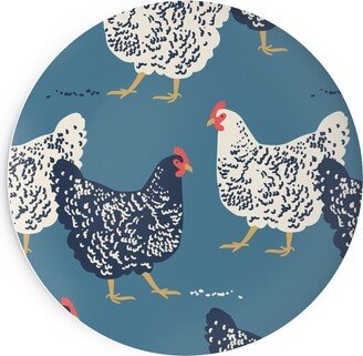 Salad Plates: Farmhouse Chickens On Blue Salad Plate, Blue