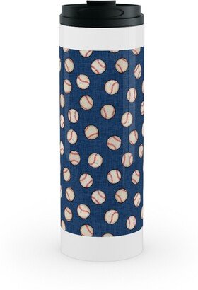 Travel Mugs: Baseball Balls On Blue Linen Stainless Mug, White, 16Oz, Blue