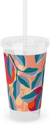 Travel Mugs: Retro Pomegranate- Pink And Blue Acrylic Tumbler With Straw, 16Oz, Multicolor