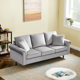 TOSWIN Modern 3 Seater Velvet Sofa Couch with 2 Pillows, Thickened Padding Cushions and Rolled Arms Sofa with Rubber Wood Legs