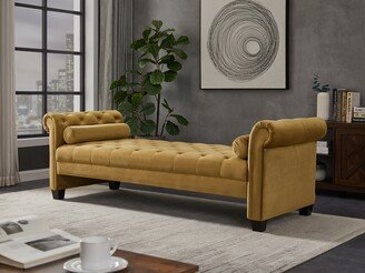 Rasoo Rectangular Large Sofa Stool, Tufted Cushions and Armrest, flannel and sofa are supported by solid wood, Wooden frame-AA