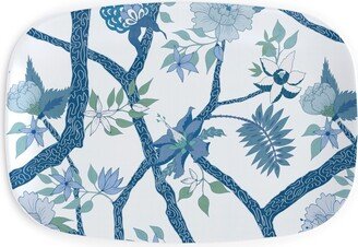 Serving Platters: Peony Branch Mural - Blue And Green Serving Platter, Blue