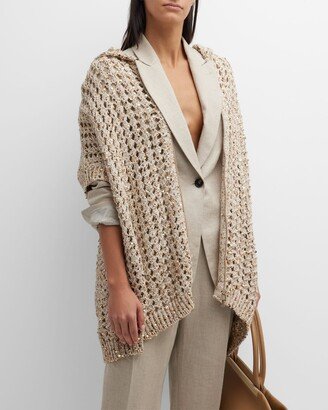 Metallic Paillette Crochet-Knit Hooded Poncho Cardigan