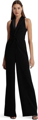 Satin-Trim Crepe Sleeveless Jumpsuit (Black) Women's Jumpsuit & Rompers One Piece