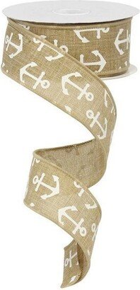 Wired Ribbon White Anchor On Beige 1.5