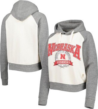 Women's Pressbox Cream, Heather Gray Distressed Nebraska Huskers Cody Tri-Bend Raglan Pullover Hoodie - Cream, Heather Gray