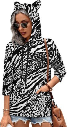 MENRIAOV White Black Animal Skin Print Womens Cute Hoodies with Cat Ears Sweatshirt Pullover with Pockets Shirt Top M