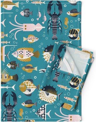 Ocean Life Tea Towels | Set Of 2 - Bluest Lagoon By Appleyards Coastal Beach Teal Aqua Mustard Linen Cotton Spoonflower