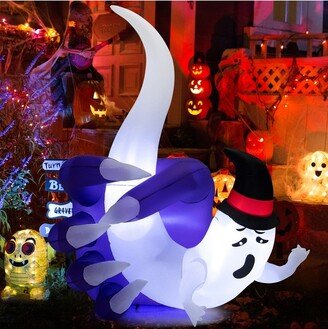 Tangkula 6FT Tall Halloween Inflatable Decoration, White Wizard Hat Ghost Grabbed in Hand Outdoor Decoration with Bright LED Lights